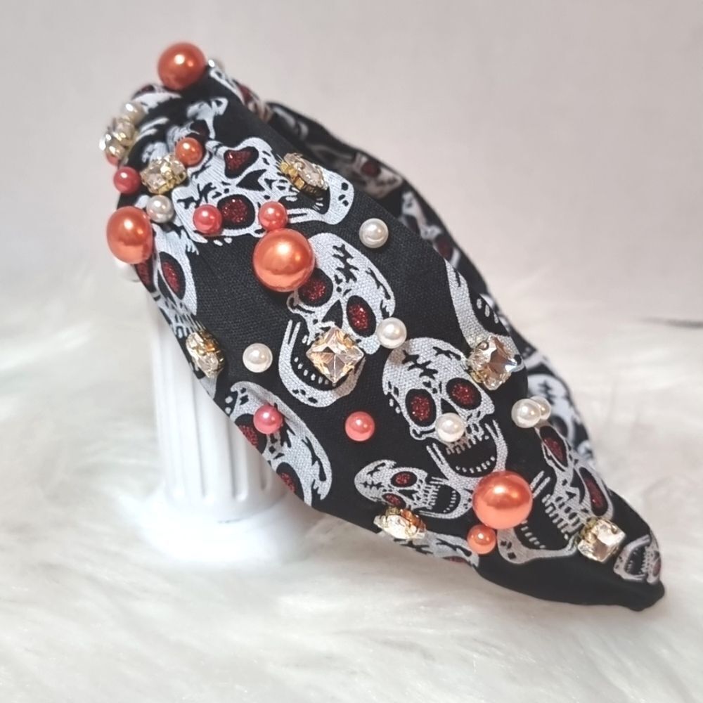 RED EYED SKULL JEWELED FABRIC HEADBAND halloween Gothic